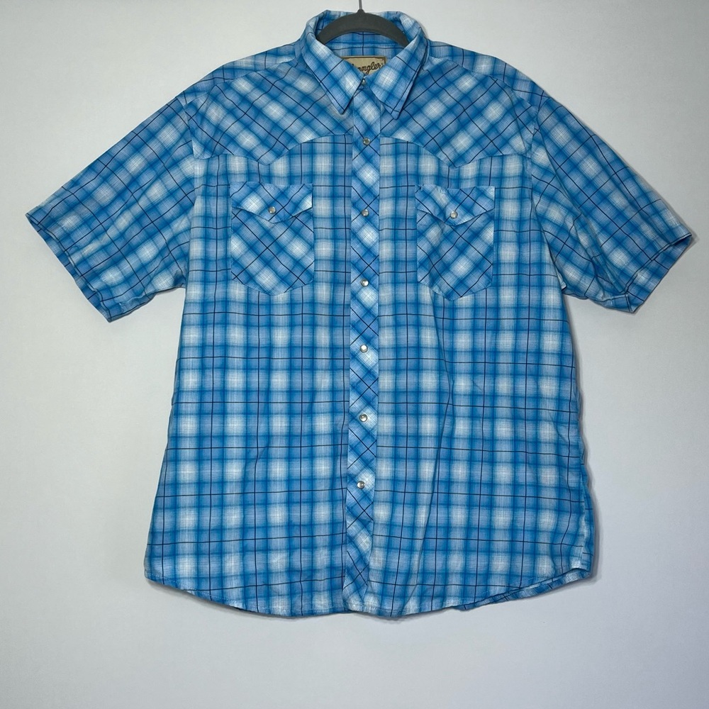 Mens XL Wrangler Western Fashion Pearl Snap Blue/Green Plaid Short Sleeve Shirt